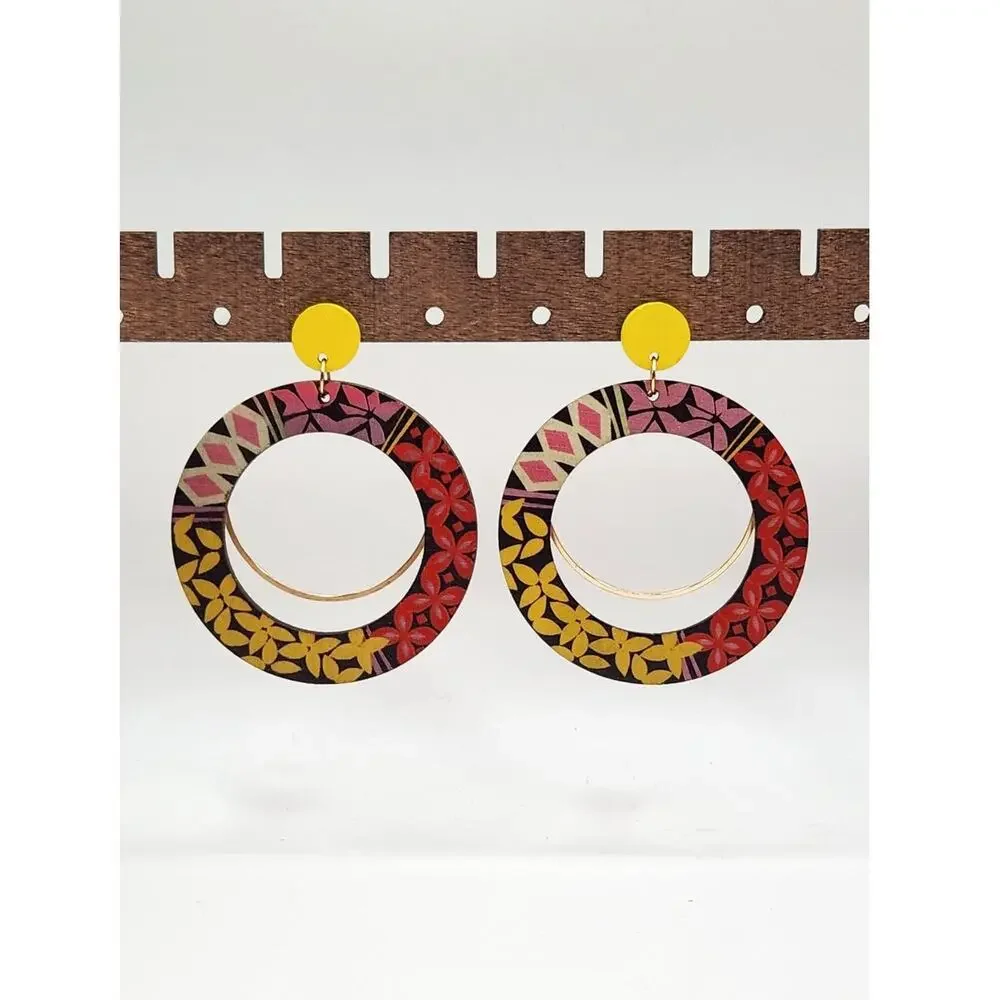 Boho Round Open Hoop Geometric Pattern Mixed Media Wood Statement Earrings